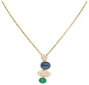 14K Yellow gold necklace with pendant set with diamond, a synthetic emerald and sapphire