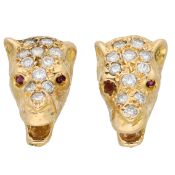 18K Yellow gold panther stud earrings set with approx. 0.55 ct. diamond and ruby
