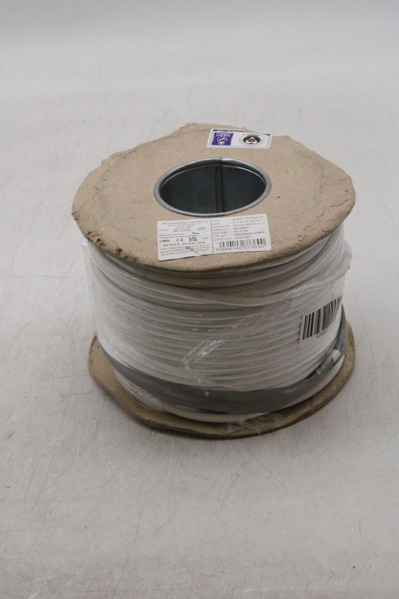 One Drum of 3182Y 2 Core PVC Cable, White BS EN 50525-2-11, 100m Reel, 2x 0, 75 Sqmm, Drum Damaged