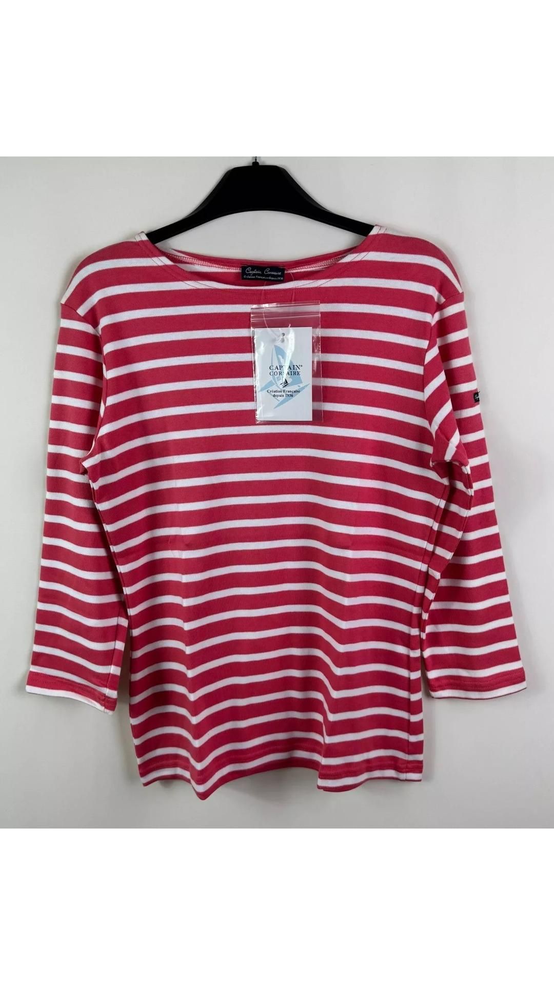 Two Captain Corsaire Women's MC Striped Breton Tee, White Coral, Size 46