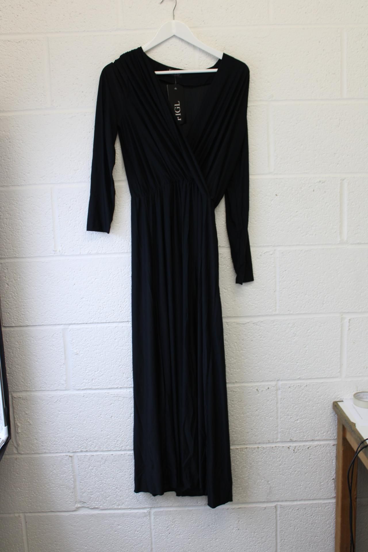 Figl Maxi Day Dress with Long Sleeves, Envelope Neckline, Black, Size Large