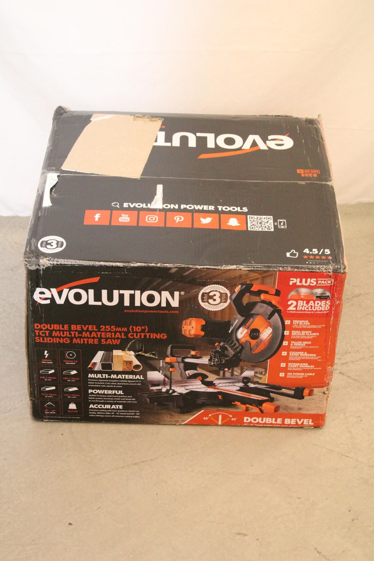 Evolution Power Tools R255SMS-DB+ Double Bevel Sliding Mitre Saw with Plus Pack Includes Blades, 230