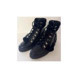 Tod's Women's Leather and Shearling Lace Up Ankle Boots, Black, EU 41