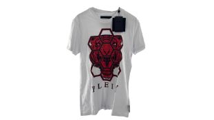 Philipp Plein Men's T-Shirt Hexagon Tiger SS, White/Red, Large