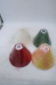 Four Svenskt Tenn Bomull Satin Lamp Shades to include 1x Green, 1x Yellow, 1x Red, 1x White, Size 24