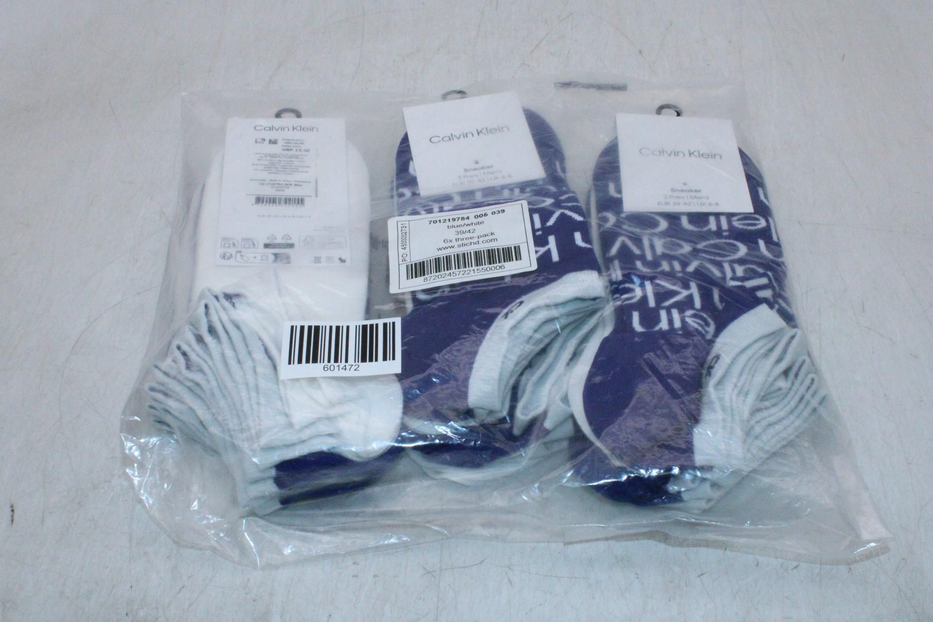 Six Packs of Calvin Klein Men's Sneaker Socks, Blue/White, UK 6-8, 3 Pairs Per Pack