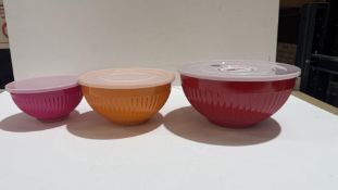 Seven Sets of RICE Melamine Bowls with Lids, 3PCS, Red, Tangerine & Fuschia