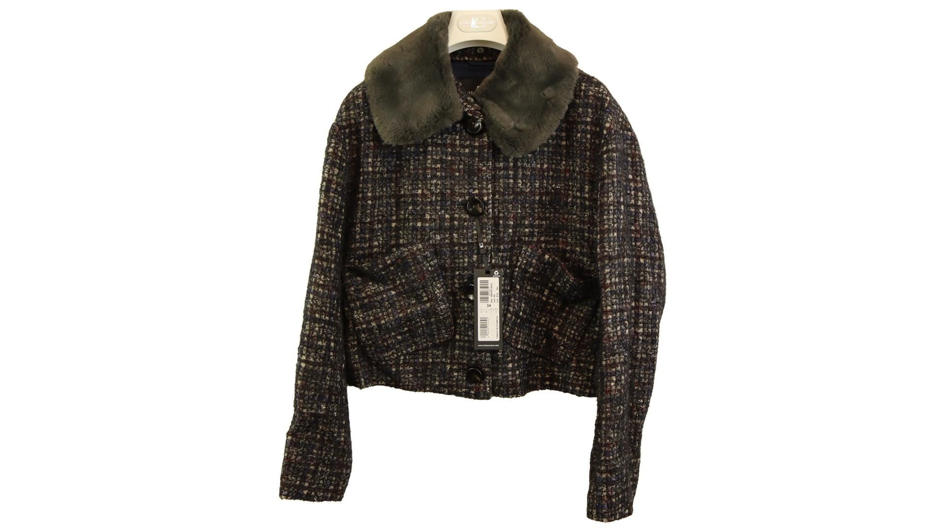 Luisa Cerano Women's Tweed Jacket with Faux Fur Collar, Dark Grey/Dark Blue/Dark Red, UK 12