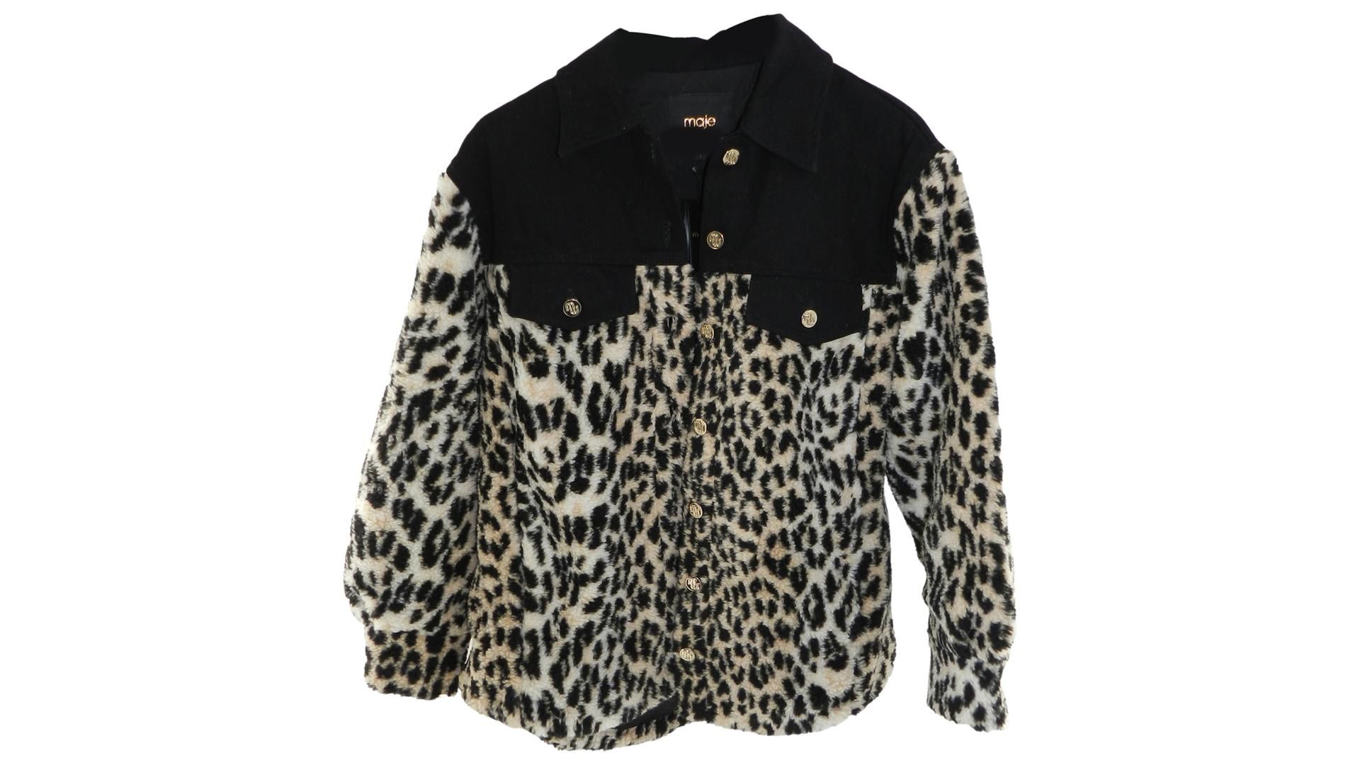 Maje Women's Multicolor Animal Print Fleece Denim Jacket, Black, Size 1