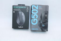 Two Logitech Mice to include 1x G502 Hero Gaming Mouse, Black, 1x MX Anywhere 3S Mouse, Black