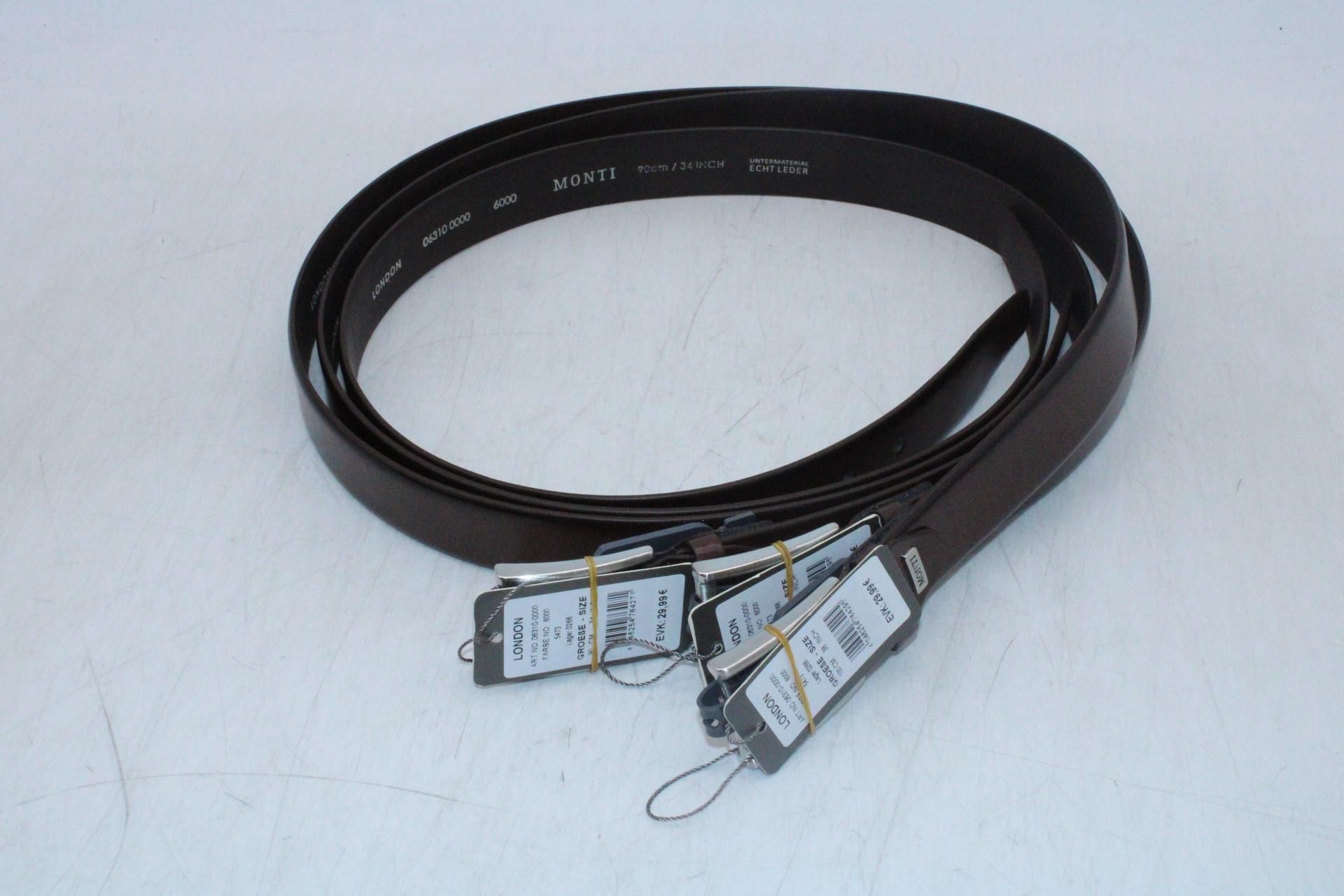 Three Monti London Leather Belts to include 2x 38", 1x 34", All Brown