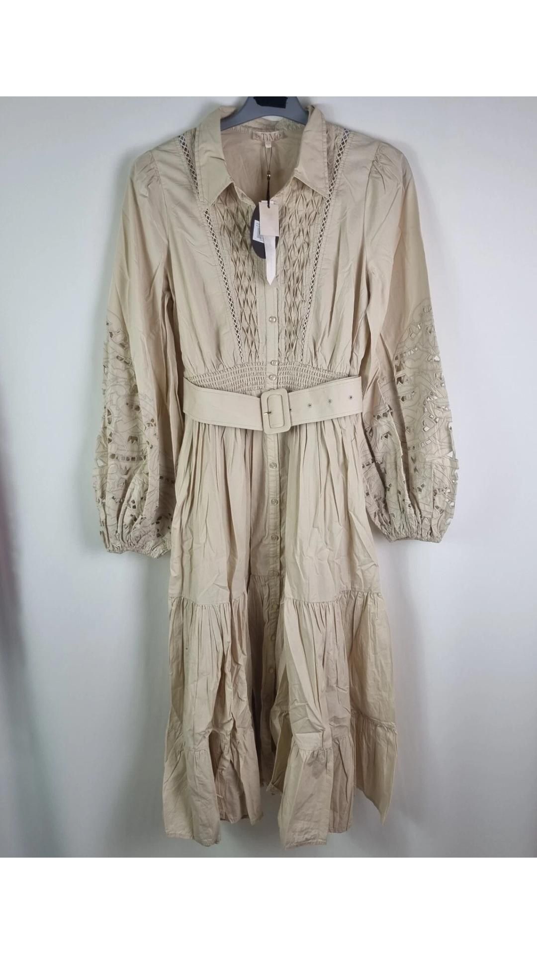 Two Bytimo Women's Midi Shirt Dress with Embroidery, Beige, Long Sleeve, Collard, Size Small