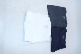 Three True Classic T-Shirts to include 1x Navy, Size L, 1x White, Size M, 1x Dark Grey, Size M