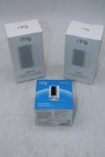 Three Ring items to include 1x Wired Indoor Camera, 1x Chime, 1x Chime Pro, White