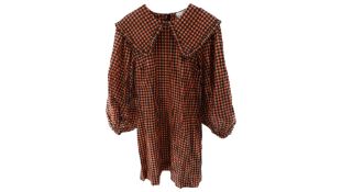 Ganni Iridescent Checked Seersucker Mini Dress, Bright Orange, Size 40
