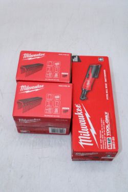 Three Milwaukee items to include 1x M12 2457-20 3/8" Ratchet, Tool Only, 2x Boxes Milwaukee 25mm P60