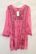 Defina Embroidered Katmandu Cotton Short Kaftan, Pink Floral, Size XS
