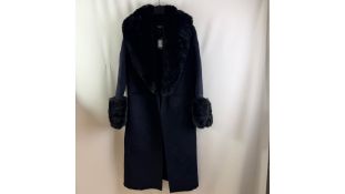 Maje Women's Fur Collar Coat, Long Sleeve, Long, Marine, Size 38, Damaged On Cuff and Back of Coat
