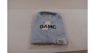 Oamc Men's Button Down Long Sleeve Logo Print Over Shirt, White, Size M