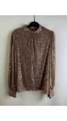 Gini London Sequined Blouse, Mink, Button Fastening, Long Sleeve, Size UK 12