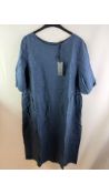 Oska Women's Linen Dress, Short Sleeve, Round Neck, Navy, Size 2.