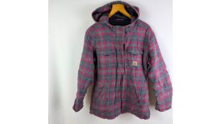 Carhartt Women's Hooded Material Coat, Purple/Grey Check, Long Sleeve, Large. Used