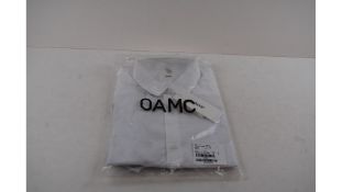 Oamc Men's Button Down Long Sleeve Logo Print Over Shirt, White, Size XL