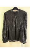 Gini London Sequined Blouse, Black, Button Fastening, Long Sleeve, Size UK 10