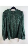 Gini London Sequined Blouse, Green, Button Fastening, Long Sleeve, Size UK 12