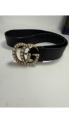 Gucci Women's Vintage Pearl Buckle Belt, Black & Gold, 93cm Length. Used. Missing Gem In Buckle