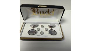 Budd Rhodium and Mother of Pearl Half Suite, Studs and Cufflinks, Silver