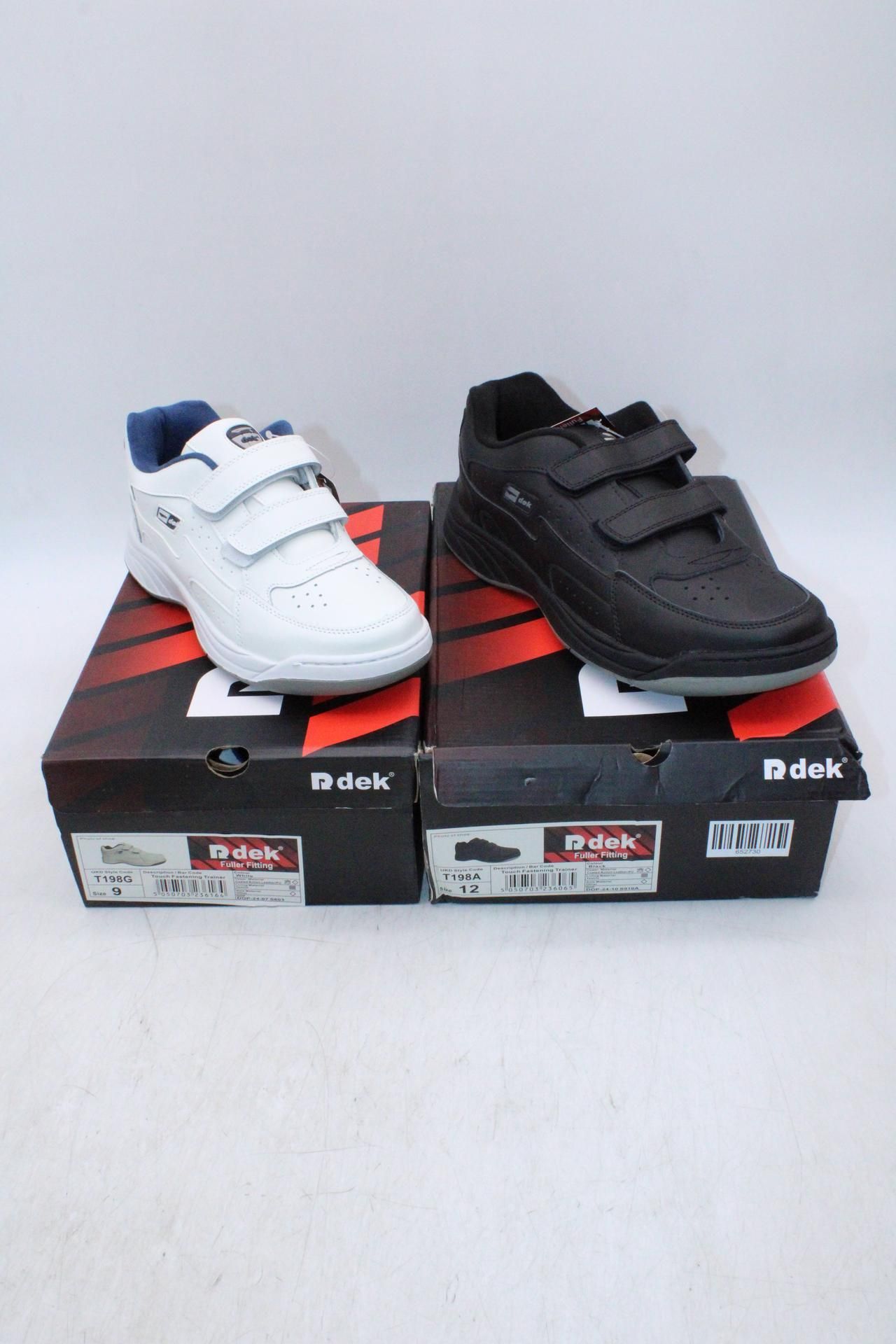 Two Pairs Rdex Touch Fastening Trainers to include 1x Black, Size 12, 1x White, Size 9. Boxes Damage