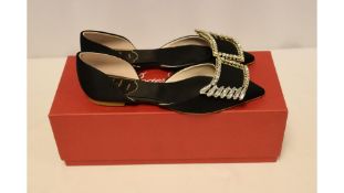 Roger Vivier Eye Buckle Crystal Ballerina Flat Shoes, Black, Size EU 34.5