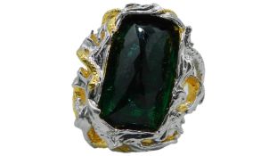 Alexis Bittar Faceted Flawed Emerald Glass Two Tone Ring, Size US N/O. Used