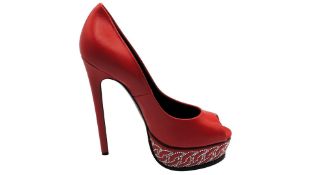 Casadei Leather Peep Toe Platform Pumps, Red, Size 35.5
