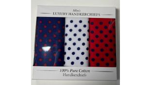 Ten Packs of Le Chateau Men's Supersize Handkerchiefs, Red White & Blue Polka Dot. 3 Per Pack