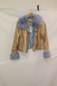 Never Fully Dressed Deer Print Jacket with Blue Faux Fur Trims, Beige, Size M
