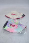 Two Red Bull Hats to include 1x Tie Dye Denim Bucket Hat, Multi, 1x Miami Bucket Hat, Ivory/Pink, Si