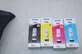 Four Epson 106 Inks to include 1x 70ml Yellow, 1x 70ml Black, 1x 70ml Cyan, 1x 70ml Magenta, All Exp