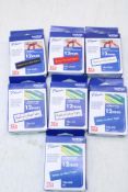 Seven Packs Brother P Touch Labelling Tapes to include 2x Black On Clear, 2x White On Blue, 1x Gold
