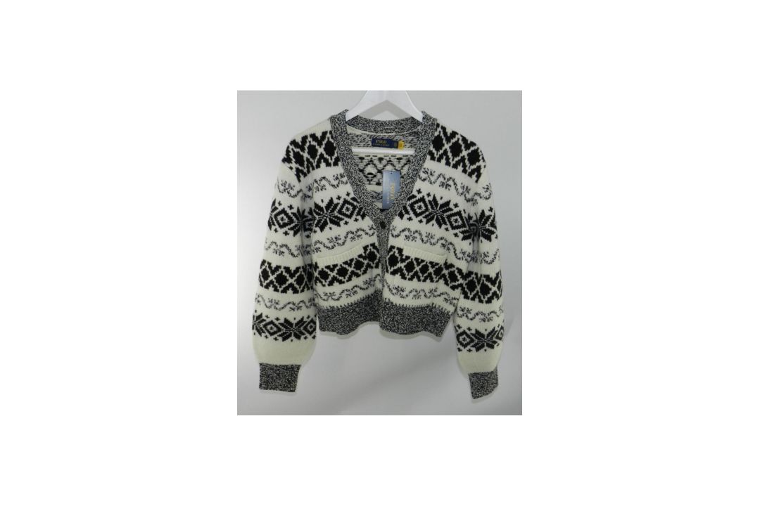Polo Ralph Lauren Knitted Short Cardigan with Figural Details, Black/White/Grey, Size S