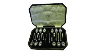 Set of 12 Silver Teaspoons & Sugar Tongs