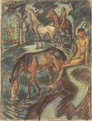 Ludwig von Hofmann. Reiter und Pferde am Wasser. Um 1908
