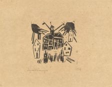 Lyonel Feininger. ”Rathaus (mit einer Versammlung im Vordergrund)”. 1918