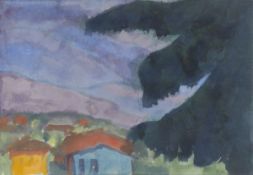Emil Nolde. ”Violette Berglandschaft (dunkle Tanne und Häuser)”. 1920s