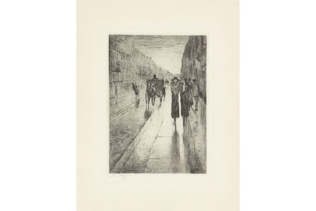 Lesser Ury. „Spaziergänger im Regen vor Pferdedroschke“. 1919 - Bild 1 aus 3