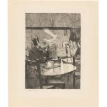 Lesser Ury. „Herr mit Zylinder vor einem Kaffeehausfenster – in Rückenansicht“. 1923