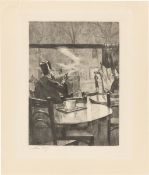 Lesser Ury. ”Herr mit Zylinder vor einem Kaffeehausfenster – in Rückenansicht”. 1923