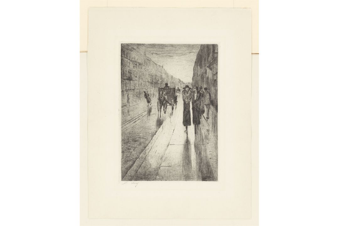Lesser Ury. „Spaziergänger im Regen vor Pferdedroschke“. 1919 - Bild 2 aus 3