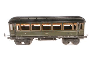 Märklin Personenwagen 1886, Spur 1, CL, mit 4 AT, 2 Treppen fehlen, LS und gealterter Lack, L 33,
